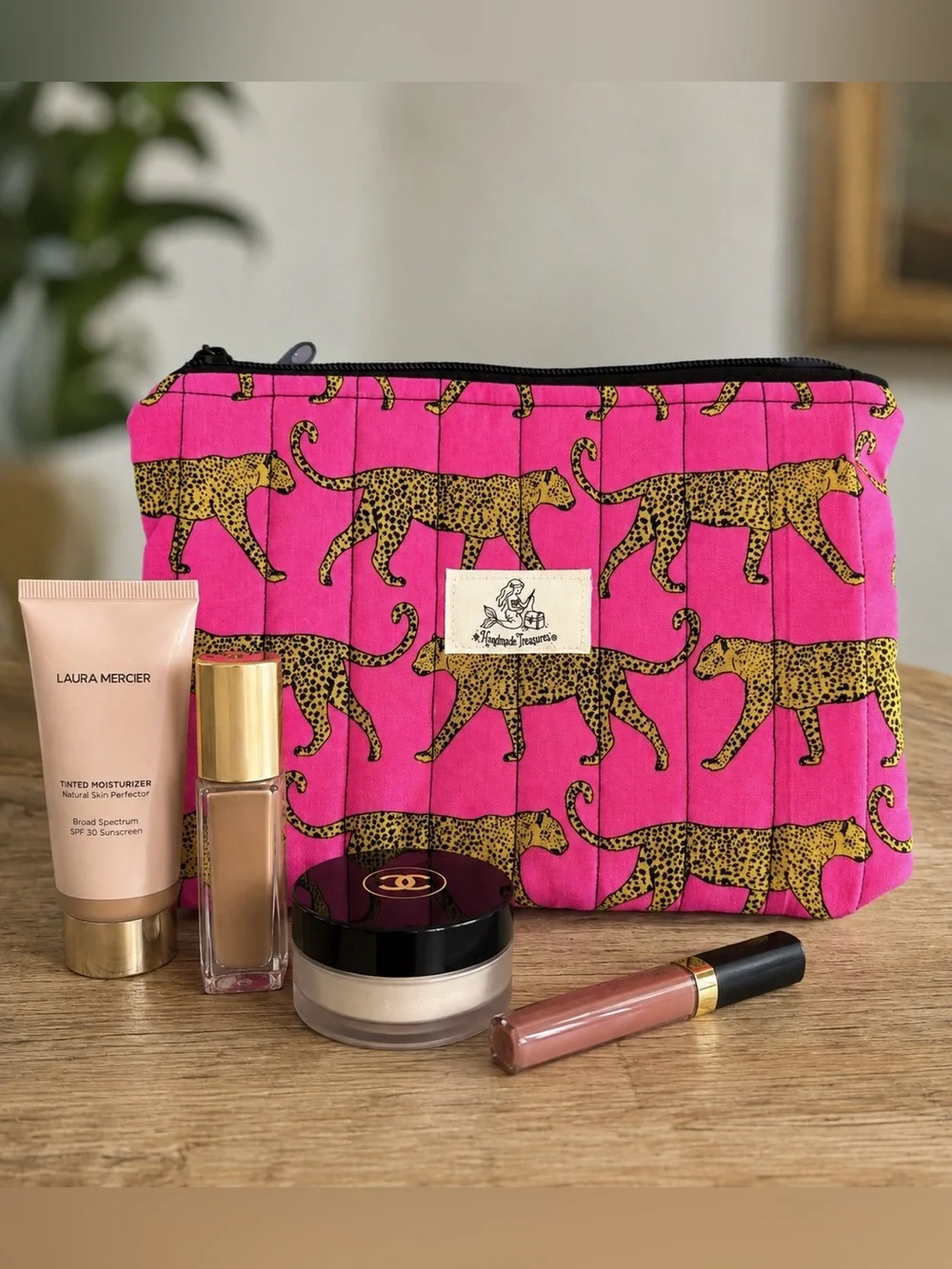 Handmade Leopard Print Cosmetic Pouch - Pink